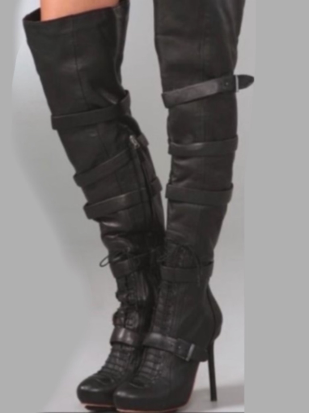 L.A.M.B. Glamette Black Leather Stiletto Boots Size 9